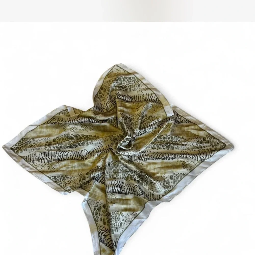 Animal Print Square Satin Scarf in Neutral Colors with Scarf Ring NWOT